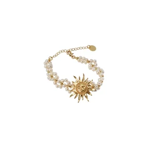 New Design Luxury Real Gold Plated Brass Sun Smile Bracelet Natural Rice Pearl Beaded Bracelet Wedding Party