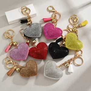 New Design Pink Rhinestone Heart Pu Leather Keychain Fashion Tassel Metal Keyring Girls Car Keychain