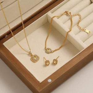 New Design Stainless Steel 18k Gold Plated Square Zircon Pendant Necklace Bracelet Stud Earrings Women Jewelry Set for Gift