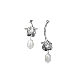 New Design Trendy Rose Flower Drop Natural Pearl Brass Unisex Earrings Platinum Plated Fashion Jewelry
