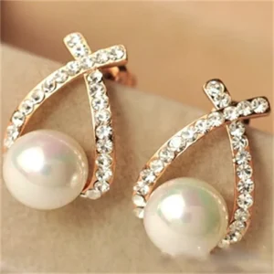 New Design Wedding Pearl Stud Earring Bridal Luxury Fashion Cross Curves With Diamonds Pearl Jewelry Earrings for Women