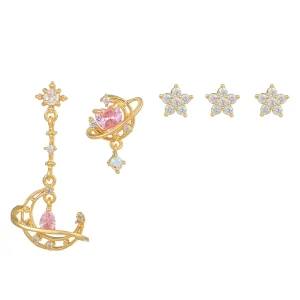 New Design Women’s Moon Star Studs Pink Zircon Earring Set Combination Fashion Simple Design Sense Brass Ear Studs