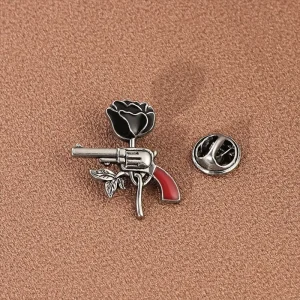 New Designer Hard Enamel Pins Women’s Pistol Rose Brooch Gun Cross with Red Custom Brooch for Hat Lapel Bulk Accessory Fashion