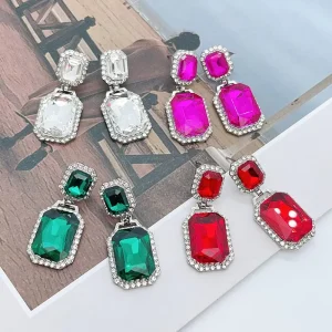 New Designer Silver Plated Alloy Stud Earrings Women Emerald Green Gemstone Crystal Rhinestones Wedding Fashion