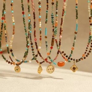 New European American Light Luxury Punk Fashion Natural Stone Necklace Stainless Steel Beaded Bracelet 18K Gold Plating Small
