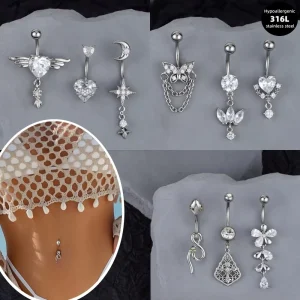New European American Stainless Steel Zircon Navel Stud Butterfly Heart Belly Ring Sexy Piercing Fashionable Jewelry