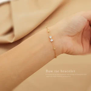 New European American Trendy Everyday Versatile Exquisite Light Luxury Titanium Zircon Bow Bracelet 18K Gold Plated Women’s