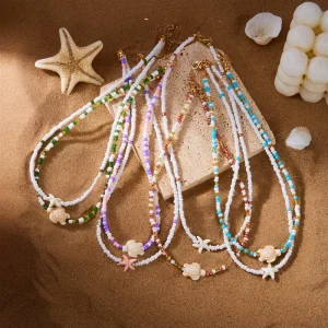New European and American Double Layer Starfish Turtle Seed Bead Short Necklace Women’s All Match Summer