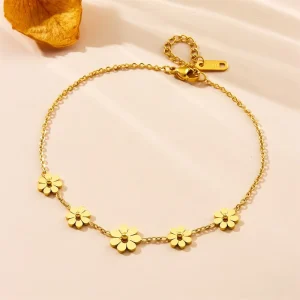 New Fashion 18K Gold Plated Non Tarnish Flower Stainless Steel Anklets Plain Design Beach Jewelry for Women