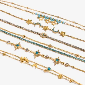 New Fashion 18K Gold Plated Stainless Steel Evil Eyes Turquoise CZ Star Moon Charm Stackable Bracelets for Women