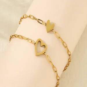 New Fashion 18K Gold Plated Stainless Steel Hollow Heart Bracelet Adjustable Size Link Chain Jewelry for Women Friendship Gift
