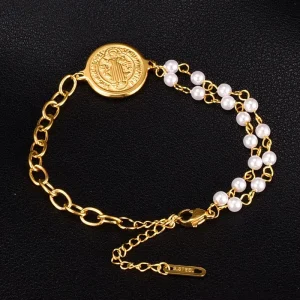 New Fashion 18K Gold Stainless Steel Religion Charm Pearl Bracelet for Women