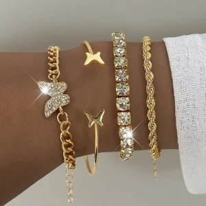 New Fashion 4Pcs Gold Plated Crystal Butterfly Bracelet Set for Women Stackable Twisted Chain & Cuff Bangle Jewelry