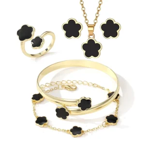 New Fashion 5pcs set Five Leaf Clover Colorful Women Jewelry Sets Flower Bracelet Bangle Ring Earrings Necklace Sets