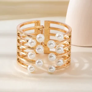 New Fashion Accessories Spring Hinge Multi layer Pearl Gold Bangle Smooth Open Cuff Bracelet for Women Bracelets & Bangles