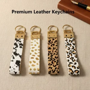 New Fashion Cow Print & Leopard Print Keychain Wristlet Stylish Key Ring with Gold Clasp for Handbag & Key Organization