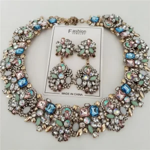 New Fashion Crystal Rhinestones Geometric Zinc Alloy Large Collar Choker Necklace Earrings Women Jewelry Sets Indian