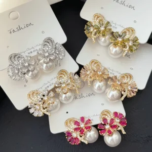 New Fashion Cubic Zirconia Flower Pearl Drop Earrings Luxury 18K Colorful Crystal Statement Earrings Fashion Jewelry