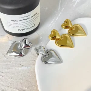 New Fashion Double Heart Earring 18K Stainless Steel Gold Silver Plated Smooth Love Drop Earring