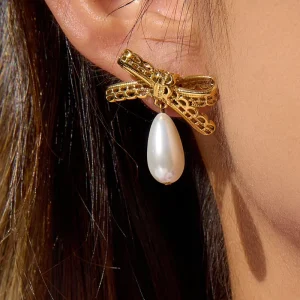 New Fashion Earring Stainless Steel Hypoallergenic Earring Lace Bow Knot Hollow Glass Pearl Pendant Earring