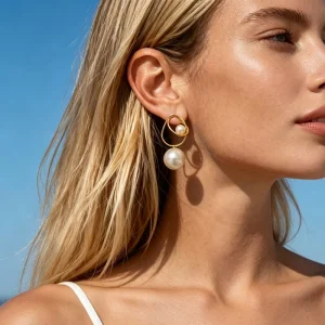 New Fashion Earrings 18k Gold Plated Stainless Steel and Circle Shape Big Pearl Dangle Earrings for Women’s Party Accessory