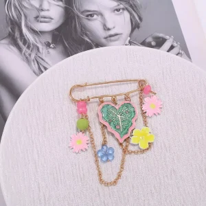 New Fashion Fresh Cute Enamel Leaf & Small Flower Tassel Brooch Floral Waist Cinch Pin for Clothing