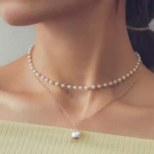 New Fashion Gold Double Layer Necklace for Women Personality Simple Collarbone Chain with Pearls Export Jewelry