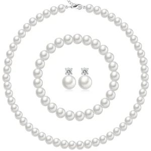 New Fashion Gold Plated Alloy Pearl Necklace Bracelet Earrings Jewelry Set Premium Elegant Three Piece Wedding Party Gift
