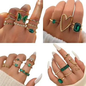 New Fashion Green Stone Butterfly Snake Gold Ring Set for Women Jewelry Heart Diamond Finger Knuckle Rings Set