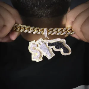 New Fashion Iced Out Micro Paved Bling Cubic Zircon Dollar Gun Pendant with Rope Chain Necklace Hiphop Men Jewelry