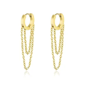 New Fashion Jewelry Earrings Pvd Gold Plated Stainless Steel Double Chain Long Tassel Drop Hoop Earrings for Women