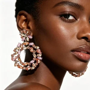 New Fashion Jewelry Exaggerated Round Flower Crystal Earrings Pink Color Diamond Statement Earrings