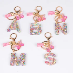 New Fashion Key Chain Acrylic Color Sequin English Letter Pendant butterfly Fringe Metal Key Chain
