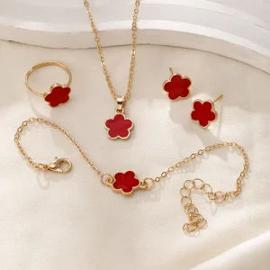 New Fashion Korean New 4 Piece Gold Plated Jewelry Set Five leaf Clover Petal Necklace Anniversaries Charming Jewelry For Women