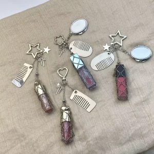 New Fashion Light Luxury Portable Comb Net Bag Lipstick Chapstick Keychain Mirror Metal Bag Charms Lipstick Holder Keychain