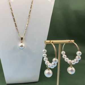 New Fashion Pearl Beaded Earrings 18K Single Pearl Pendant Necklace Jewelry Set