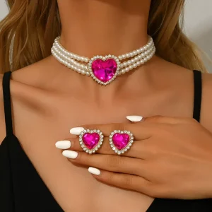 New Fashion Pearl Jewelry Sets Choker Necklace Rhinestone Heart Shape Multi Layer Pearl Necklace Earrings Sets
