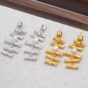 New Fashion Real Gold Plated Brass Bamboo Joint Fishbone Rice Pearl Earrings Gold Silver