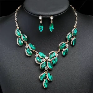 New Fashion Retro Electroplating Alloy Artificial Gemstone Crystal Necklace Earrings Bridal Jewelry Set for Women