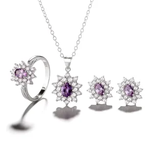 New Fashion Silver 925 Bride Jewelry Set with Purple Cz Stone Ring Earring Necklace and Ring Women Flower Jewelry Set