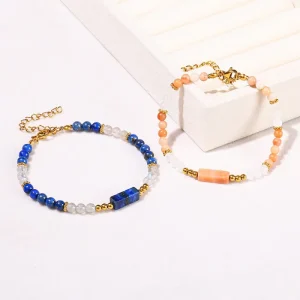 New Fashion Stack Handmade Women Jewelry Lapis Lazuli Square Beaded Blue Pink Natural Moonstone Gem Stone Bracelet