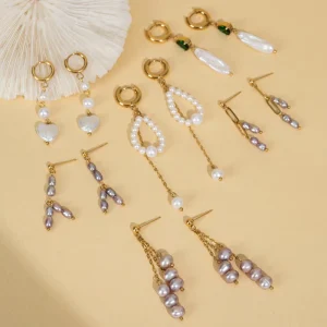 New Fashion Teardrop Green CZ Mixed Heart Coin Baroque Pearl Long Tassel Drop Huggie Hoop Stud Earring Set For Women Daily Wear