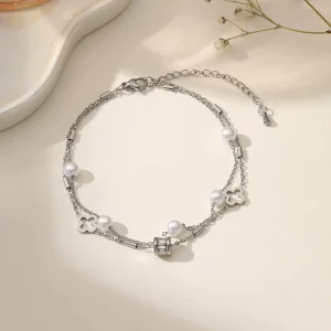 New Fashion Titanium Steel Anklet Heart Moon Double Layer Tassel Design Long Lasting Anti Fade Elegant Foot Jewelry for Women