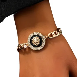 New Fashion Trending Classic Geometric Gold Plated Lion Head Charms Pendant Bracelet Accessories Necklace Set for Women