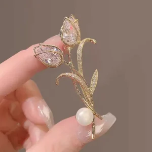 New Fashion Tulip Alloy Gold Plated Brooch Imitation Pearl Crystal Rhinestone Plating Brooch Pins Luxury Party Gift