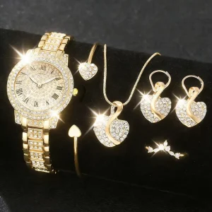 New Fashion Watch Women Jewelry Set Gold Plate Silver Rose Gold Bling Rhinestone Hip Hop Necklace Bracelet Rings Earrings Gift