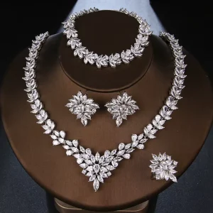 New Fashion Wedding Accessories Jewelry Set Crystal Earring Necklace Ring Bracelet Luxury Bridal Zircon Jewelry Set for Women