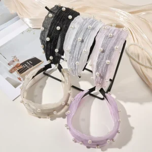 New Fashion Wide Transparent Mesh Hair Hoop Headband Women Temperament Luxury Pearl Hairband Hair Accessory