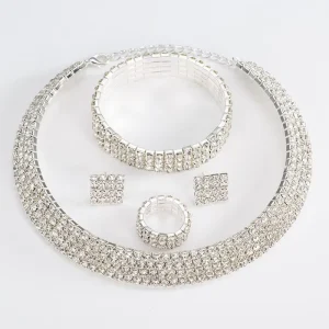 New Fashion Women Costume Jewelry Set Necklace Earrings Ring Bracelet Four piece Hollow Diamond Necklace Metal Chunky Choker