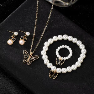 New Fashion Women Pearl Jewelry Set Butterfly Pendant Necklace Enamel Vintage Bracelet Pearl Beaded Ring Earrings Set
